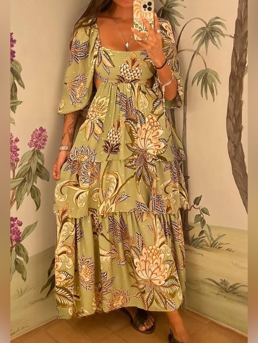 FARM Rio Tropical Green Floral Tiered Maxi Dress